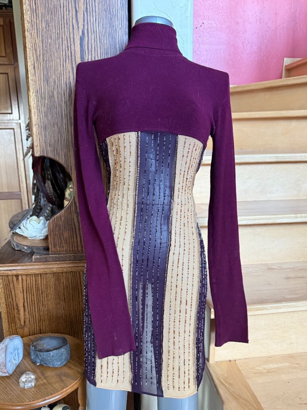 Custo Barcelona Beaded Turtleneck Sheath SAMPLE Size Sm 55% Silk 45% CW